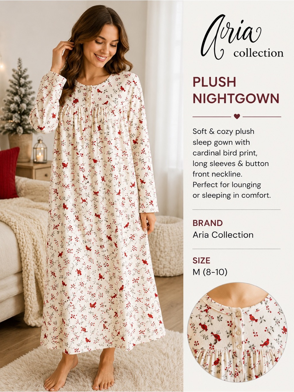 Aria Collection Cardinal Plush Nightgown M Ivory Cozy Bird Sleep Gown